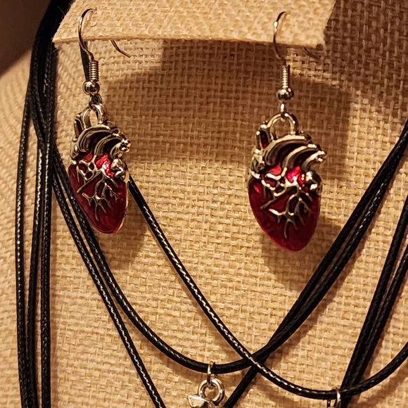 Silver and Red Anatomical Heart Earrings - Picture 4 of 6